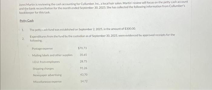 Jonni Martin is reviewing the cash accounting for Cullumber, Inc, a local hair salon. Martin review will focus on the petty