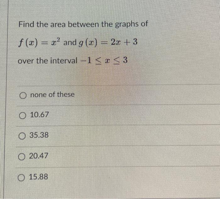 Solved Find the area between the graphs of f(x)=x2 and | Chegg.com 
