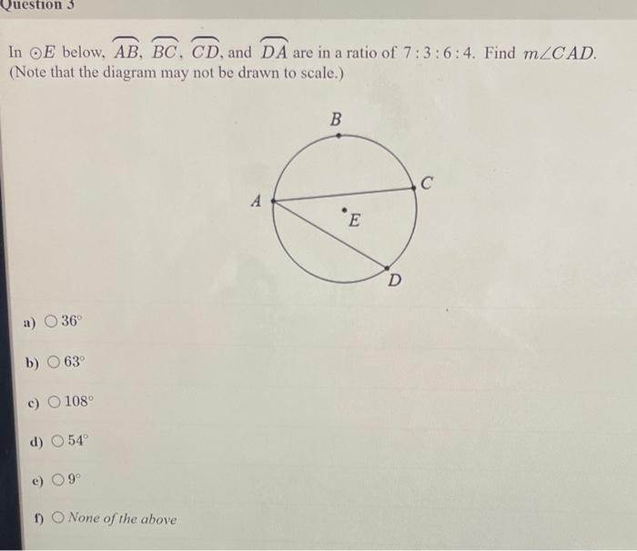 In \( \odot E \) below, \( \overparen{A B}, \overparen{B C}, \overparen{C D} \), and \( \overparen{D A} \) are in a ratio of 