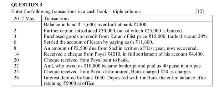 Solved Question 3 Enter The Following Transactions In A Cash 