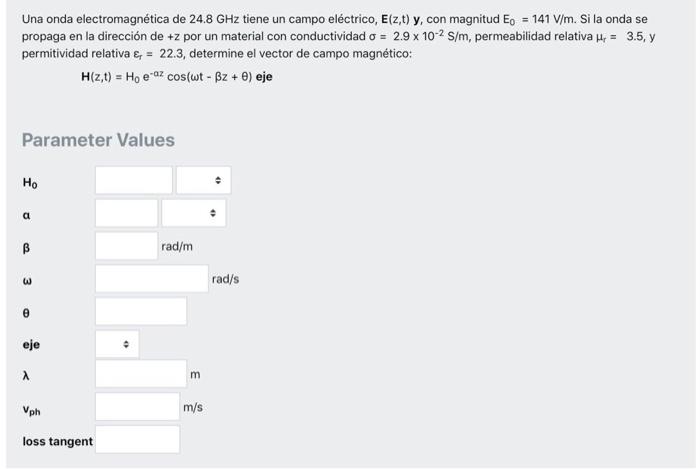 Una onda electromagnética de 24.8 GHz tiene un campo eléctrico, E(z,t) y, con magnitud Ep = 141 V/m. Si la onda se propaga en