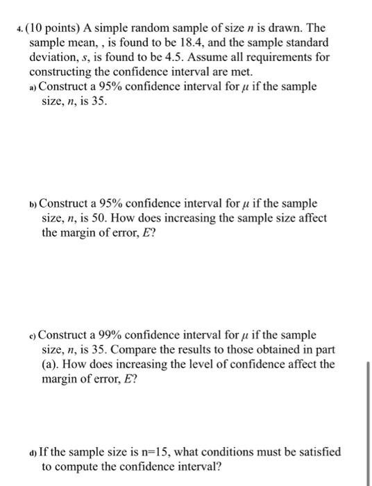 Solved 4. (10 points) A simple random sample of size n is | Chegg.com
