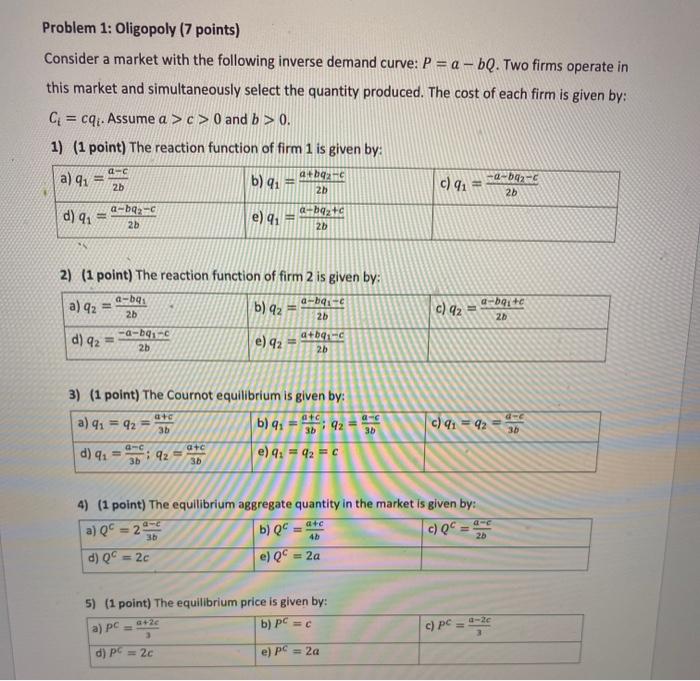 Solved Problem 1: Oligopoly (7 points) Consider a market | Chegg.com