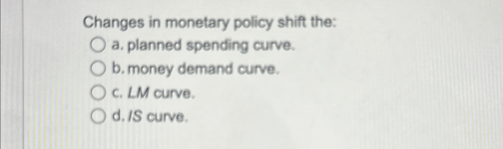Solved Changes in monetary policy shift the:a. ﻿planned | Chegg.com