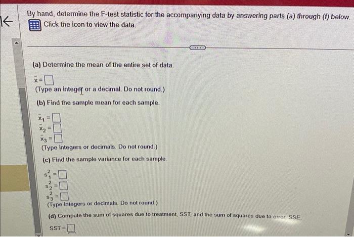 Solved By hand, determine the F-test statistic for the | Chegg.com