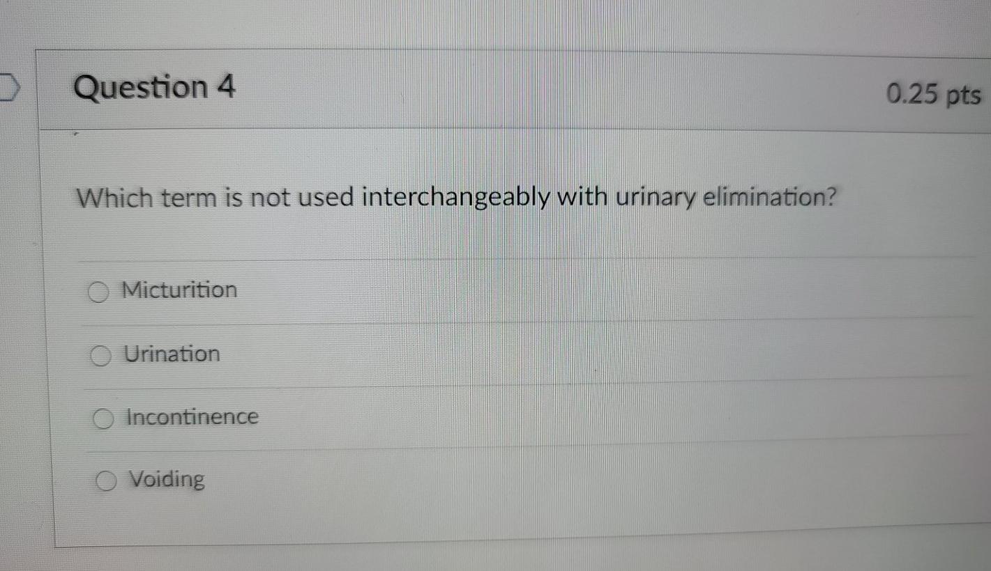 Question 4 0.25 pts Which term is not used interchangeably with urinary elimination? Micturition Urination Incontinence Voidi