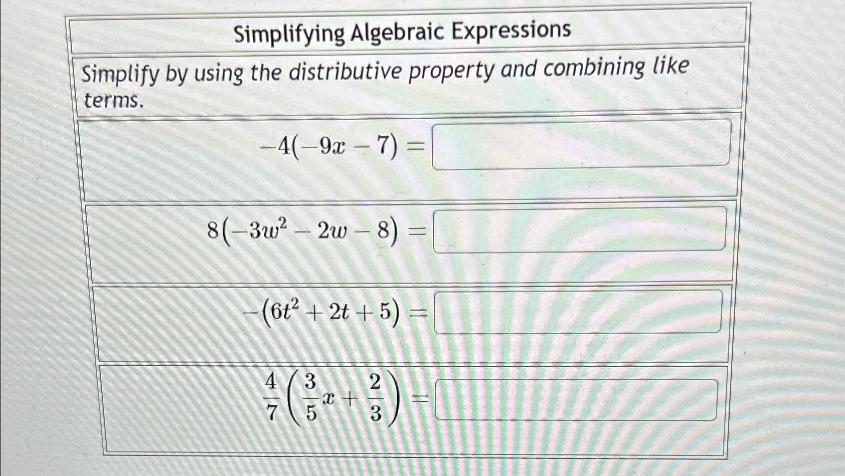 Solved Simplifying Algebraic ExpressionsSimplify by using | Chegg.com