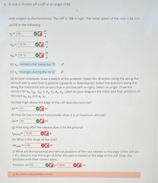 Solved 1. A rock is thrown off a cliff at an angle of 63 | Chegg.com