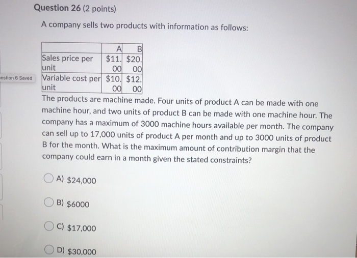 Solved Question 26 (2 Points) A Company Sells Two Products | Chegg.com