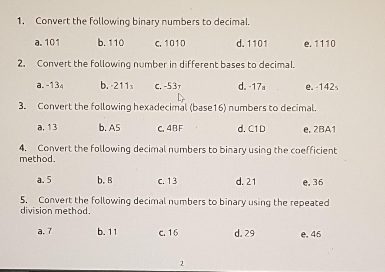 Solved 1. Convert the following binary numbers to decimal. | Chegg.com