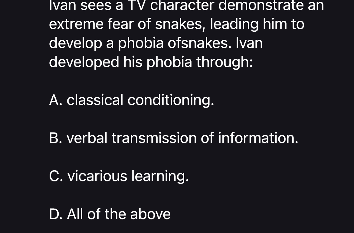 Solved Ivan sees a TV character demonstrate an extreme fear | Chegg.com