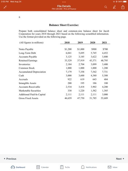 Balance Sheet Exercise:
Prepare both consolidated balance sheet and common-size balance sheet for Jacob Corporation for years