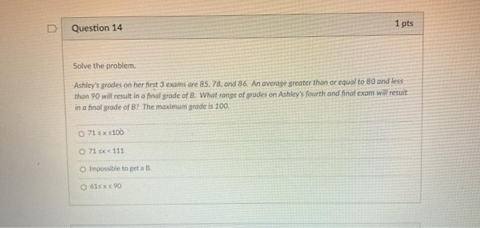 Solved D Question 14 1 pts Solve the problem Ashley's grades | Chegg.com