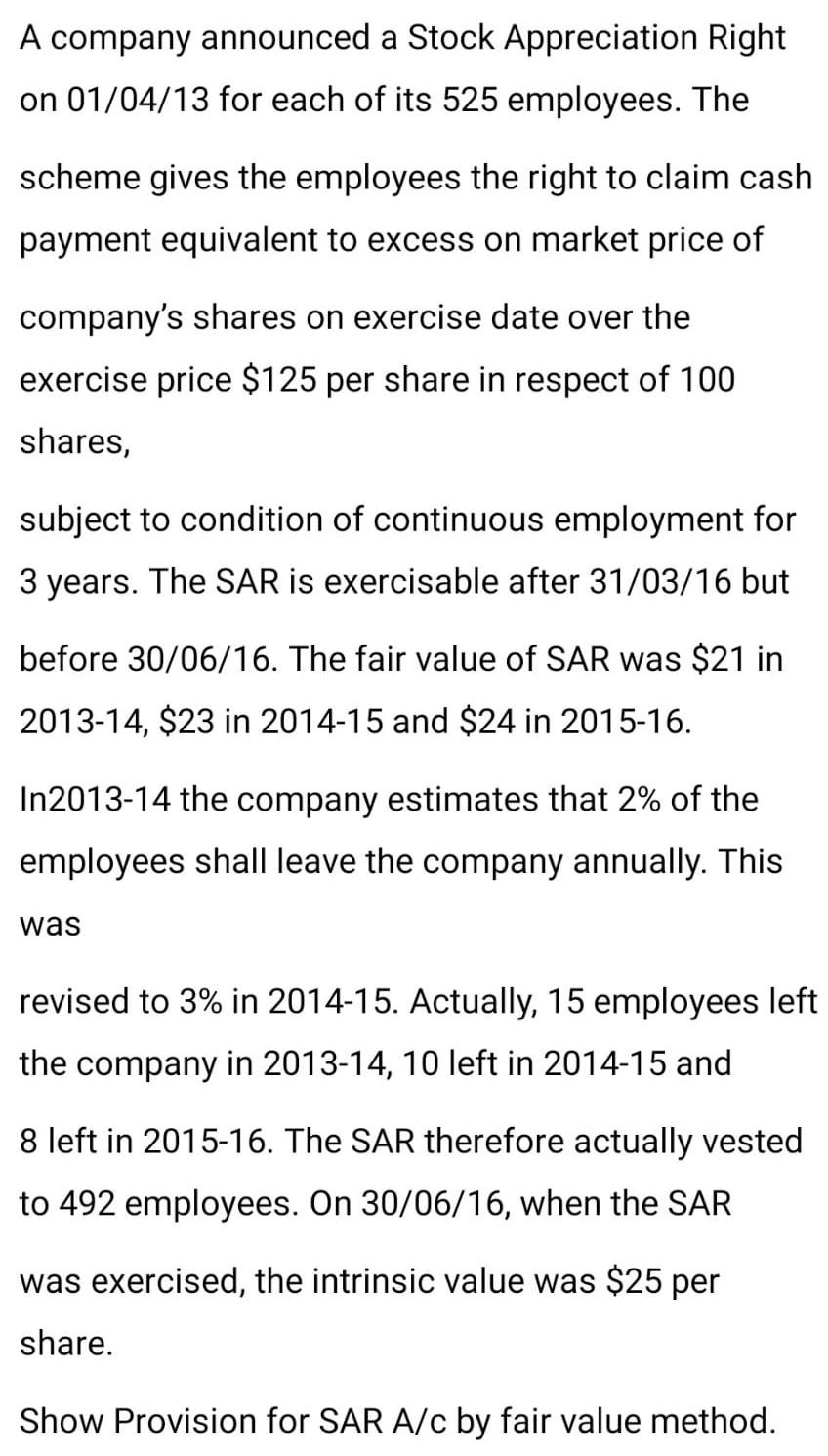 Solved A company announced a Stock Appreciation Right on | Chegg.com