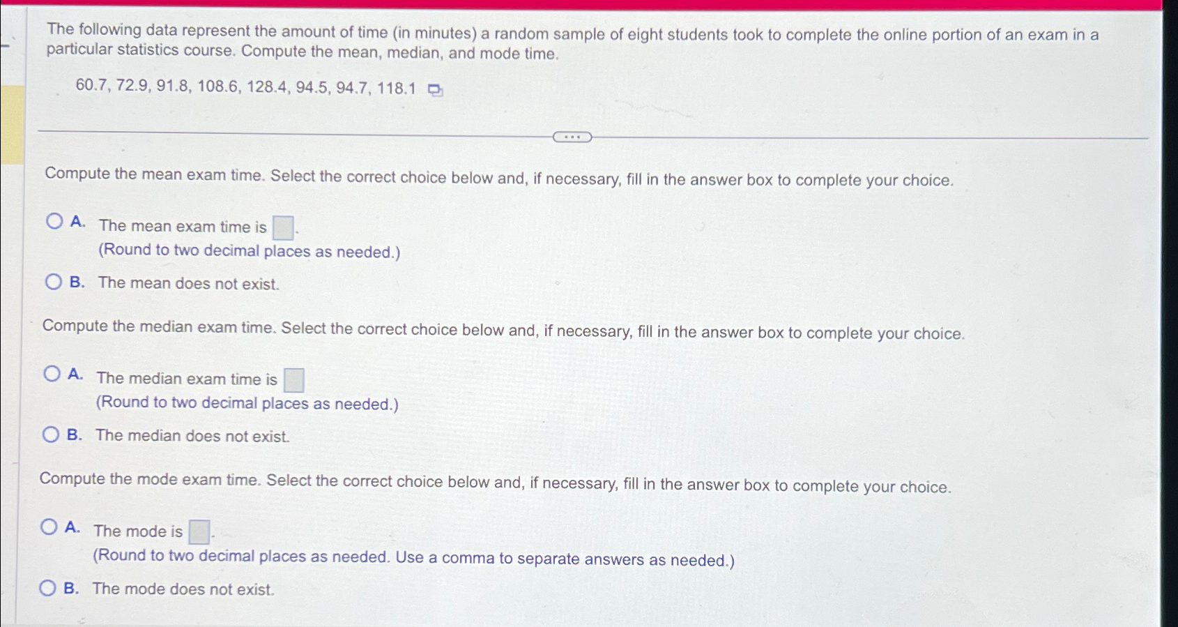 Solved The following data represent the amount of time (in | Chegg.com