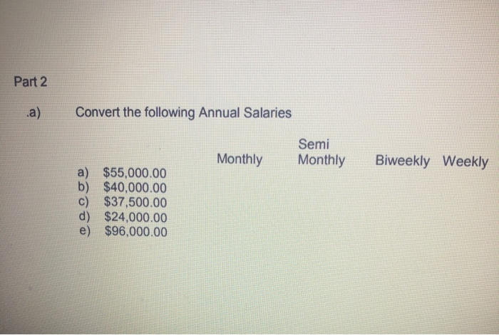 Solved Part 2 .a) Convert the following Annual Salaries | Chegg.com