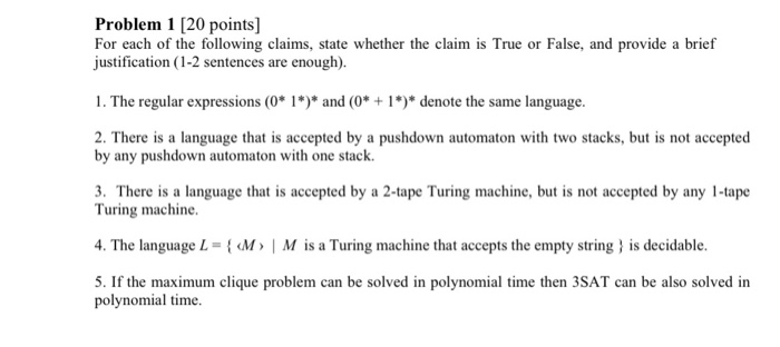 Solved Problem 1 [20 points] For each of the following | Chegg.com