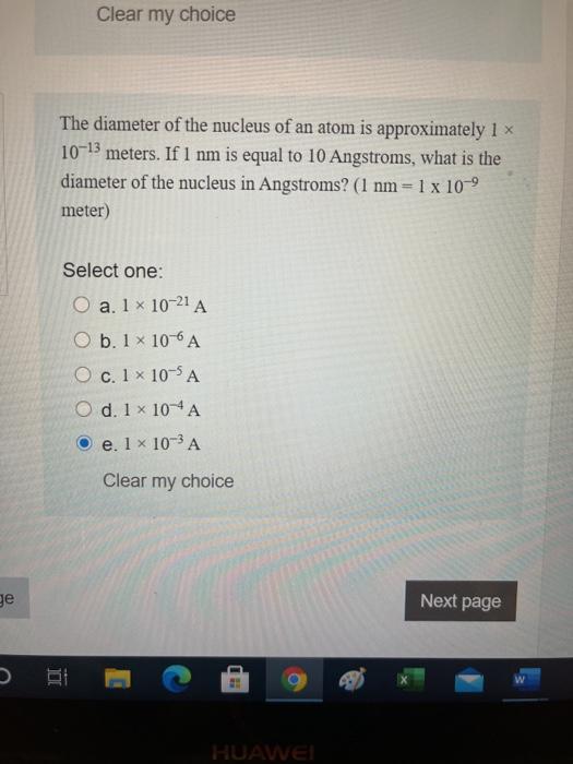 Solved Clear my choice The diameter of the nucleus of an