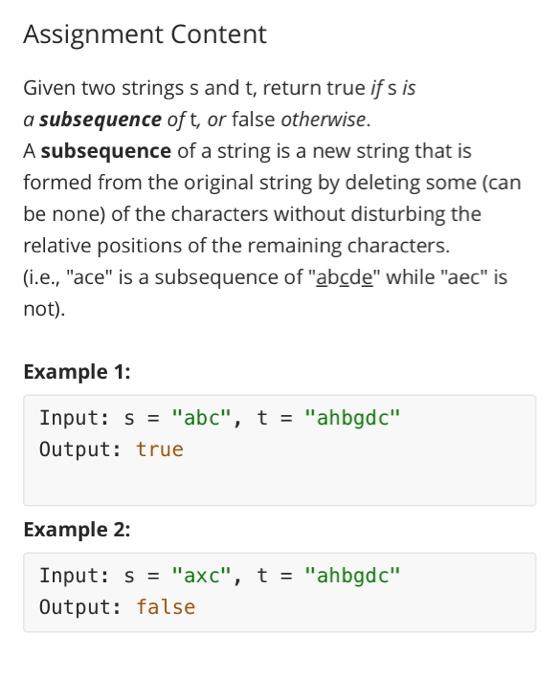 Solved Assignment Content Given two strings s and t, return | Chegg.com