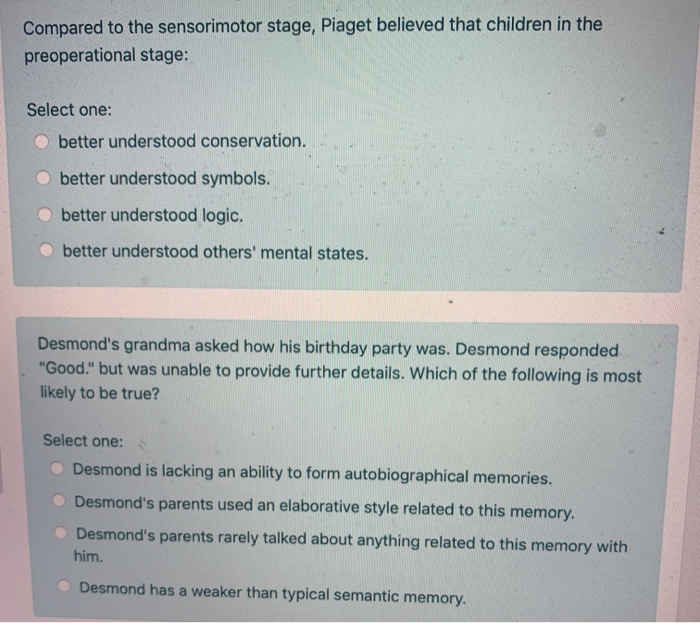 Solved Compared to the sensorimotor stage Piaget believed Chegg