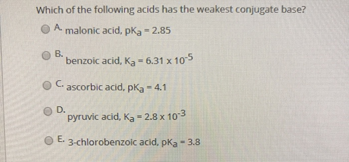 Solved Which of the following acids has the weakest | Chegg.com