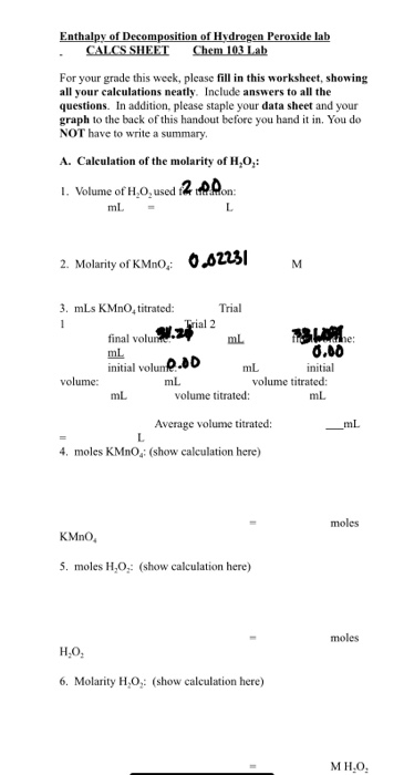 Enthalpy Of Deposition Of Hydrogen Peroxide Lab Chegg 