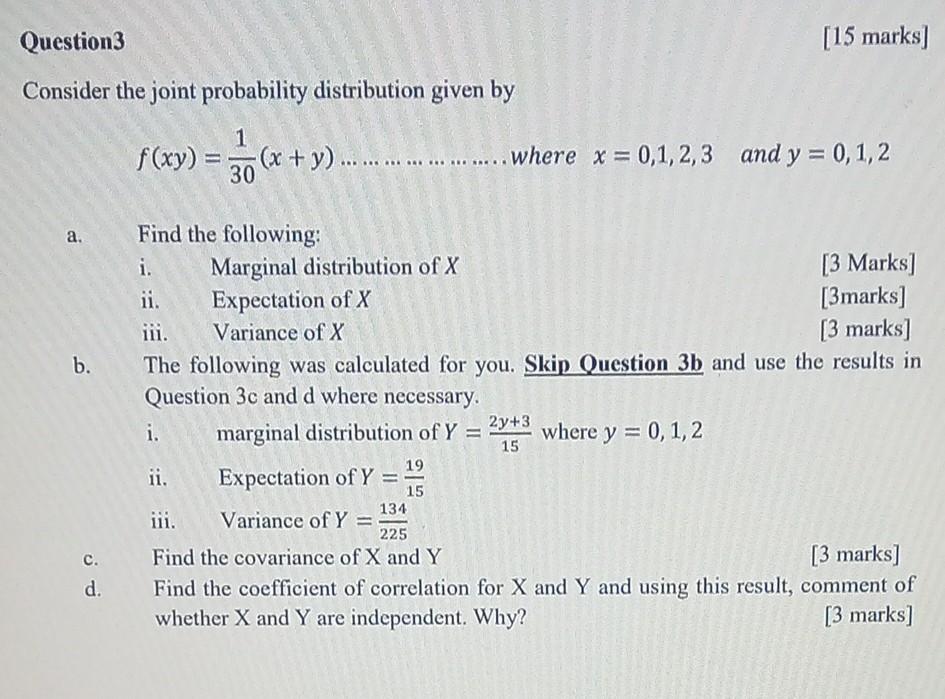 Solved Question3 Consider the joint probability distribution | Chegg.com