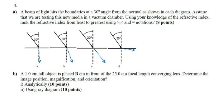 Solved a) A beam of light hits the boundaries at a 30∘ angle | Chegg.com