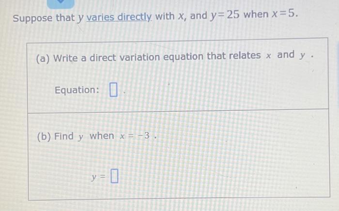 Solved Suppose that y varies directly. with x, and y=25 when | Chegg.com