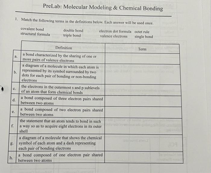 Solved PreLab Molecular Modeling \& Chemical Bonding 1.