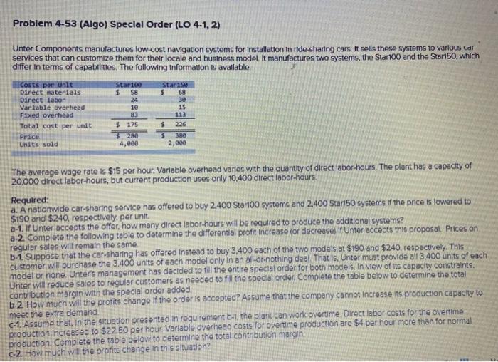 Solved Problem 4-53 (Algo) Special Order (LO 4-1, 2) Unter | Chegg.com