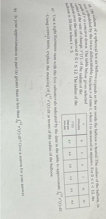 Solved 11 7 tho volume of a spherical hot air balloon | Chegg.com