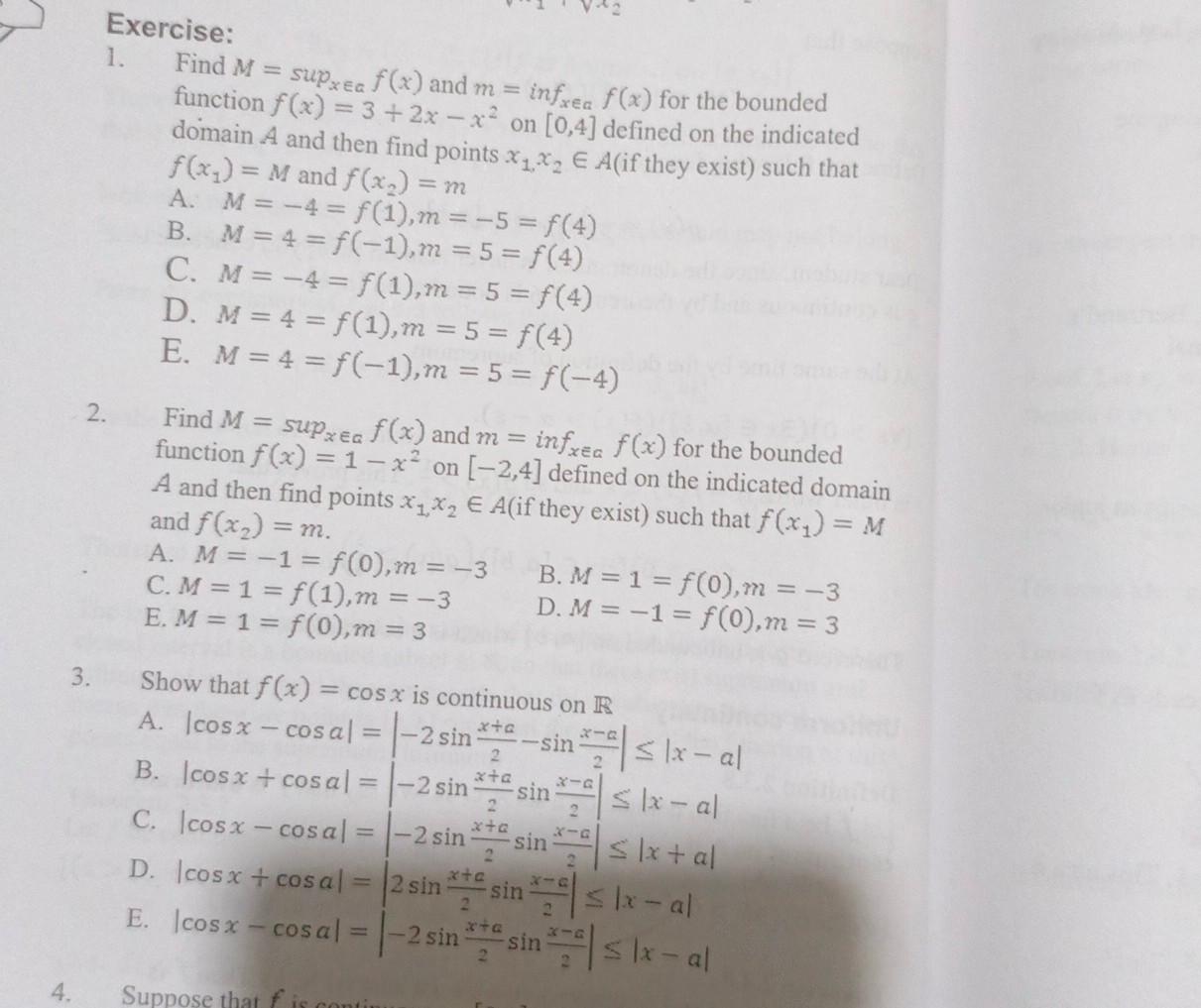 Solved Exercise 1. Find M=supx∈af(x) and m=infx∈af(x) for