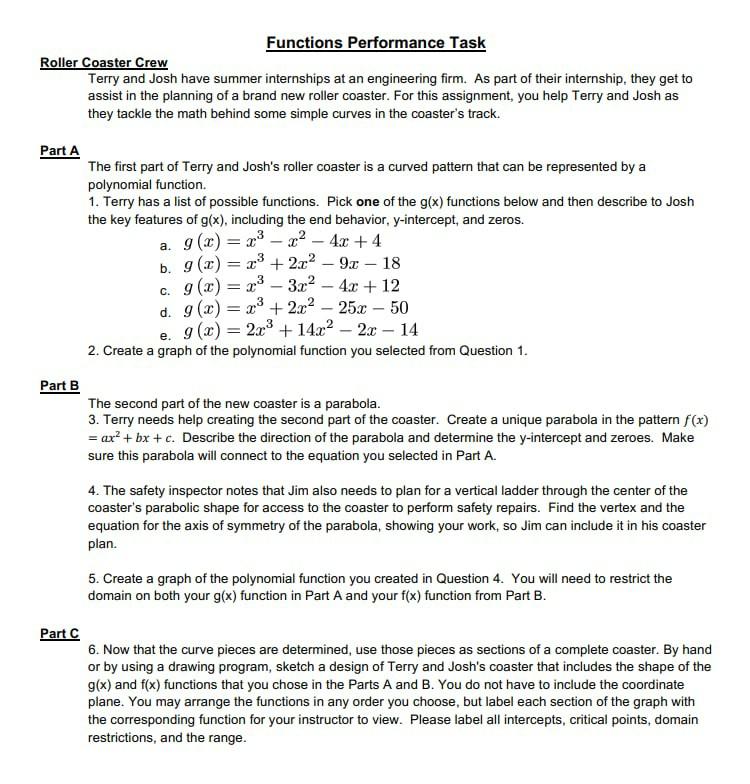 Solved Functions Performance Task Roller Coaster Crew Terry