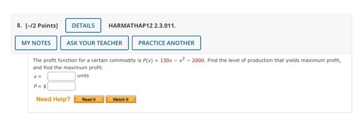 Solved The profit function for a certain commodity is | Chegg.com