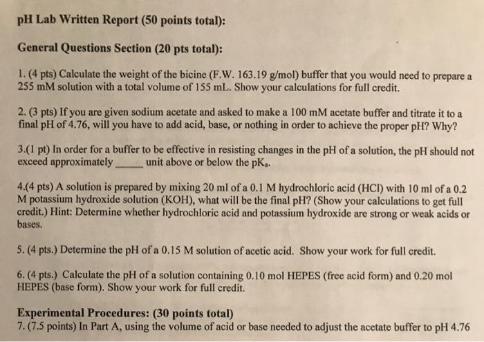 Solved pH Lab Written Report (50 points total): General | Chegg.com