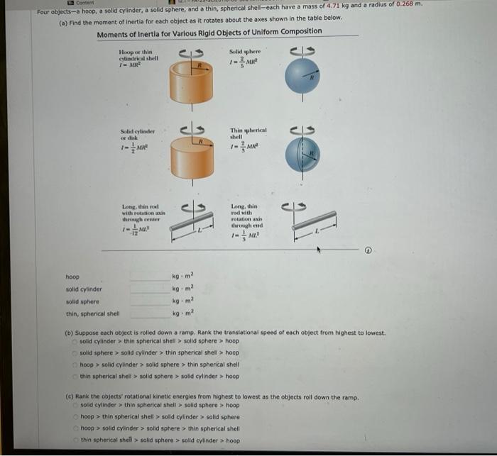 Solved our objects-a hoop, a solid cylinder, a solid sphere, | Chegg.com
