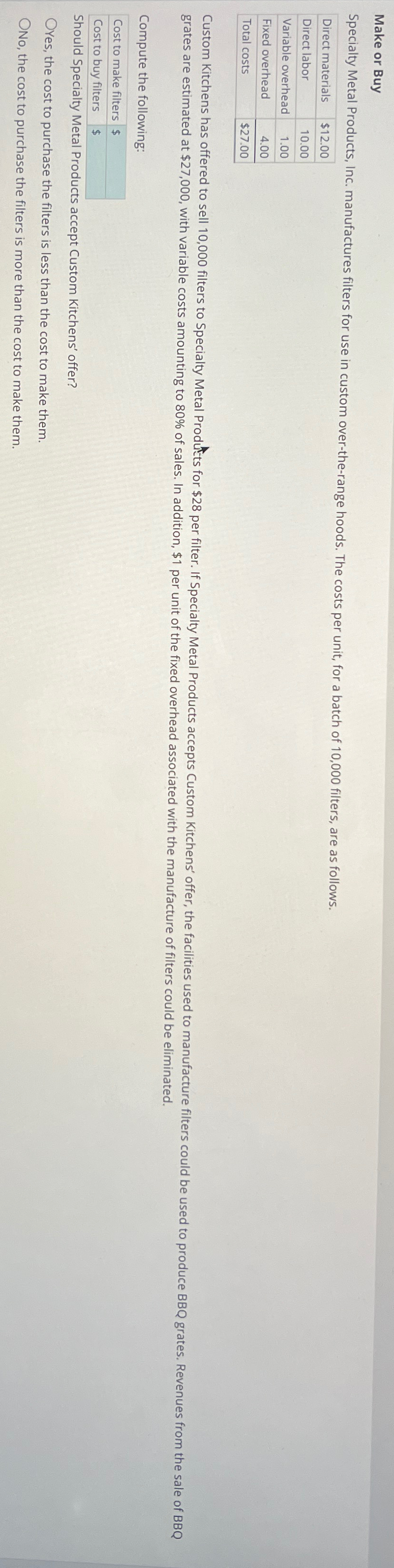 Solved Make or BuySpecialty Metal Products, Inc.