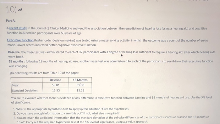 Solved 10) ** Part A A recent study in the Journal of | Chegg.com