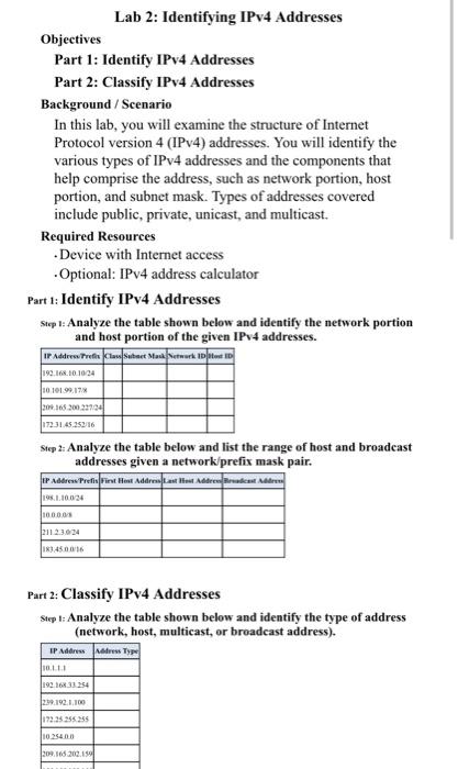 Lab 2: Identifying IPv4 Addresses
Objectives
Part 1: Identify IPv4 Addresses
Part 2: Classify IPv4 Addresses
Background / Sce