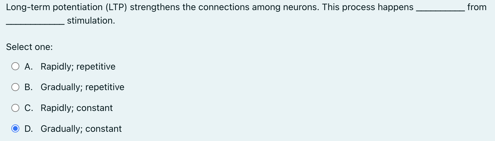 Solved Long-term potentiation (LTP) ﻿strengthens the | Chegg.com