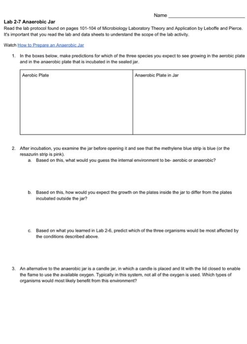 Solved Name Lab 2-7 Anaerobic Jar Read the lab protocol | Chegg.com