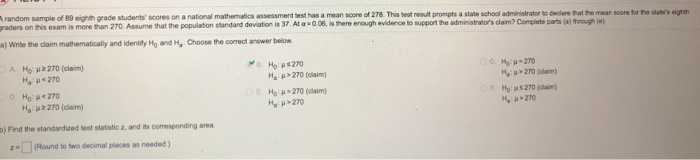 Solved random sample of 89 eighth grade students' scores on | Chegg.com