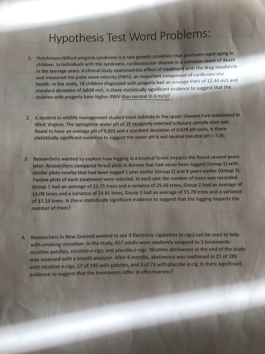 Solved Hypothesis Test Word Problems: 1. Hutchinson-Gilford | Chegg.com