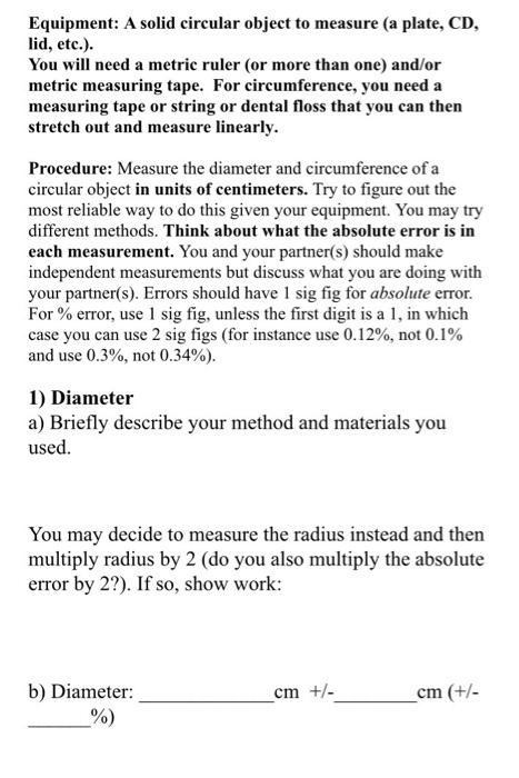 Solved Equipment: A solid circular object to measure (a | Chegg.com