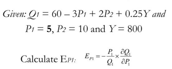 Solved Given: Q1=60−3P1+2P2+0.25Y and P1=5,P2=10 and Y=800 | Chegg.com