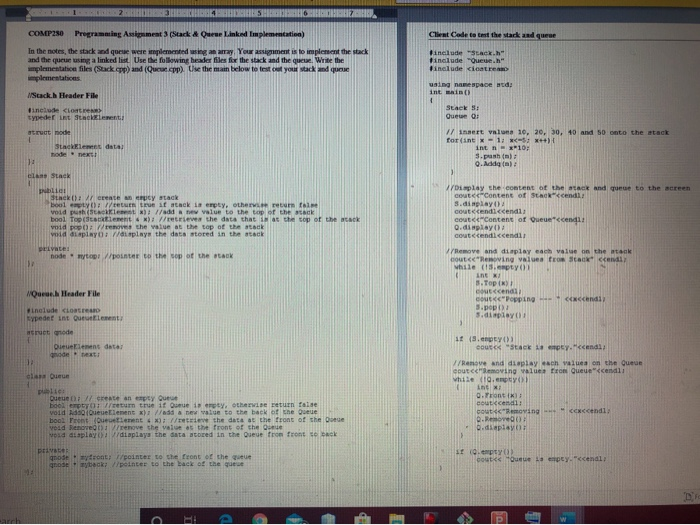 1 2 4 SHE 6 Client Code to test the sack and queue | Chegg.com