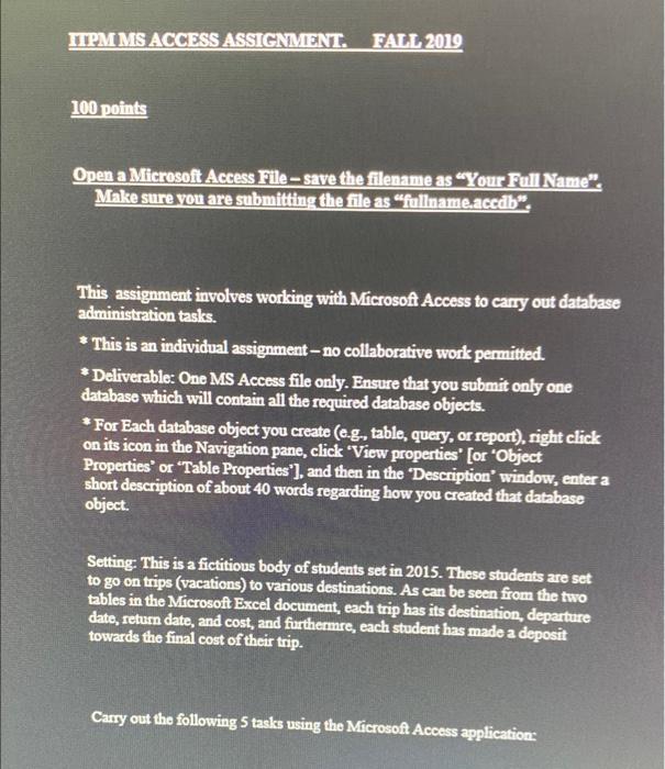 ITPM MS ACCESS ASSIGNMENT. FALL 2019 100 points Open | Chegg.com