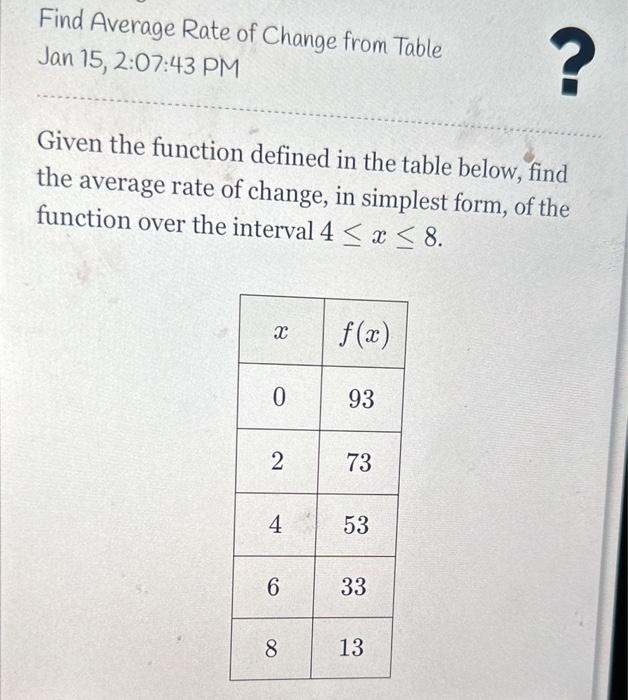 how to find average rate of change from a data table