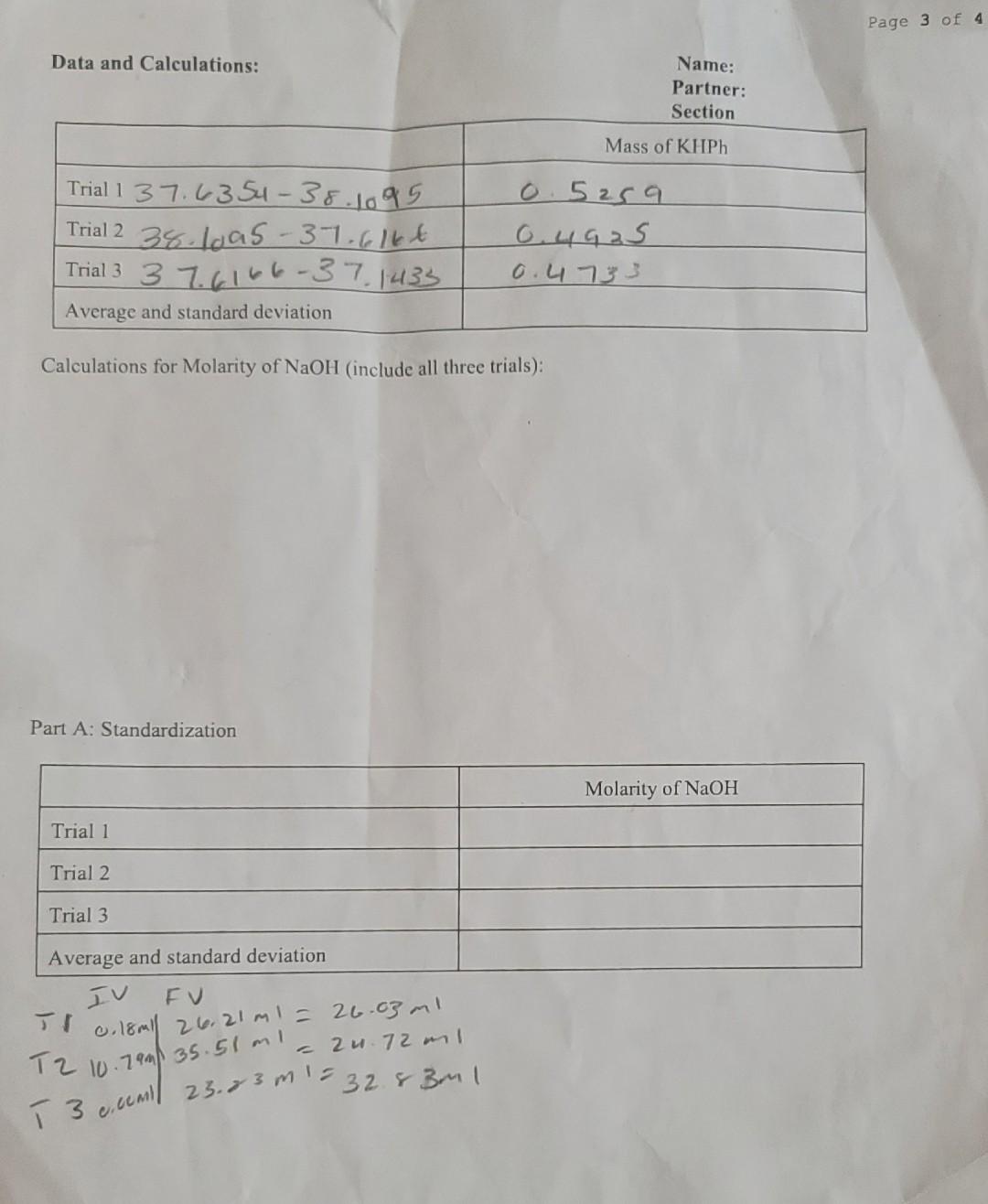 Data and Calculations: Calculations for Molarity of | Chegg.com